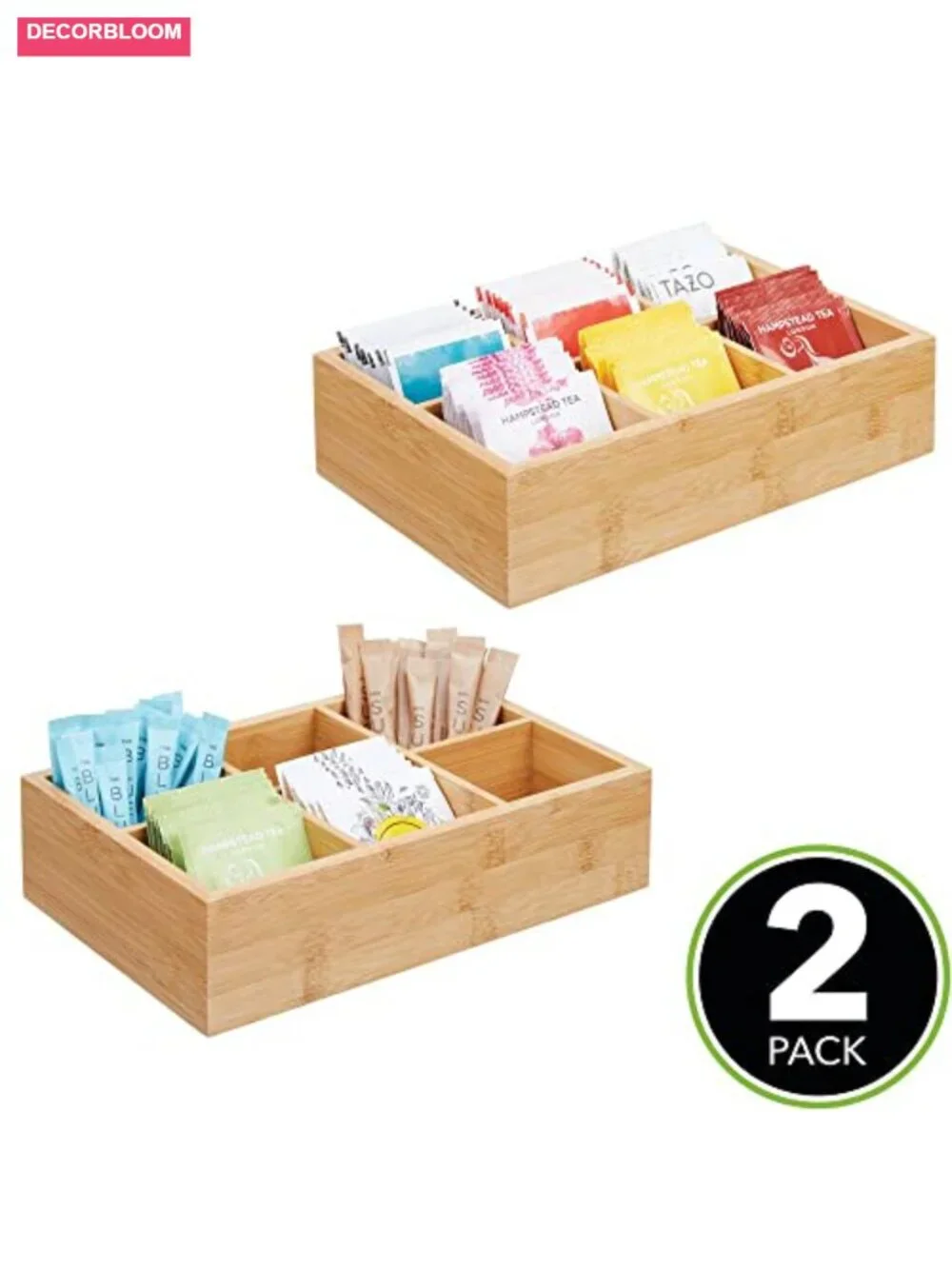 Bamboo Tea & Food Storage Organizer Box Set of 2 with 6 Compartments